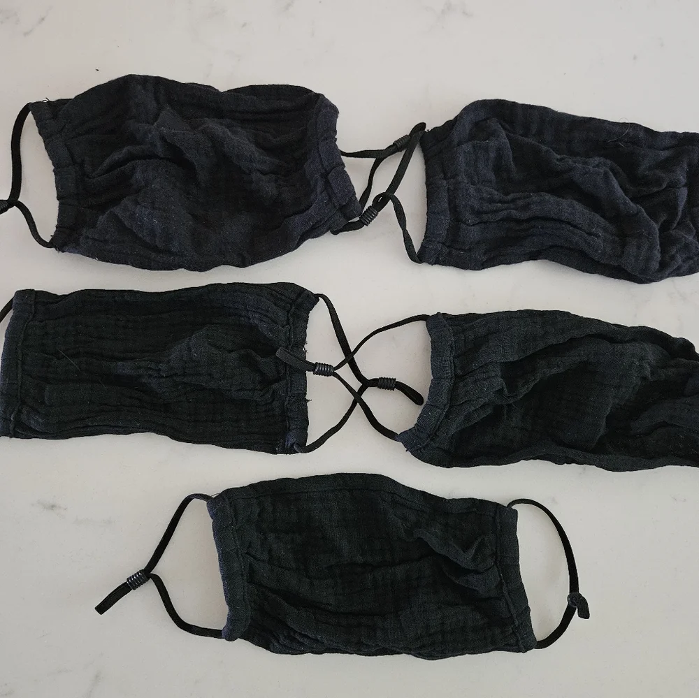 Kids size adjustable breathable organic cotton gauze face masks black pack of 5.